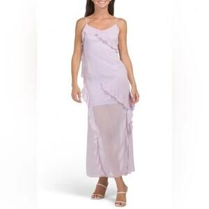 Melloday Lavender Sheer Ruffle Fairy Maxi Dress, Whimsical, Boho Chic, Large